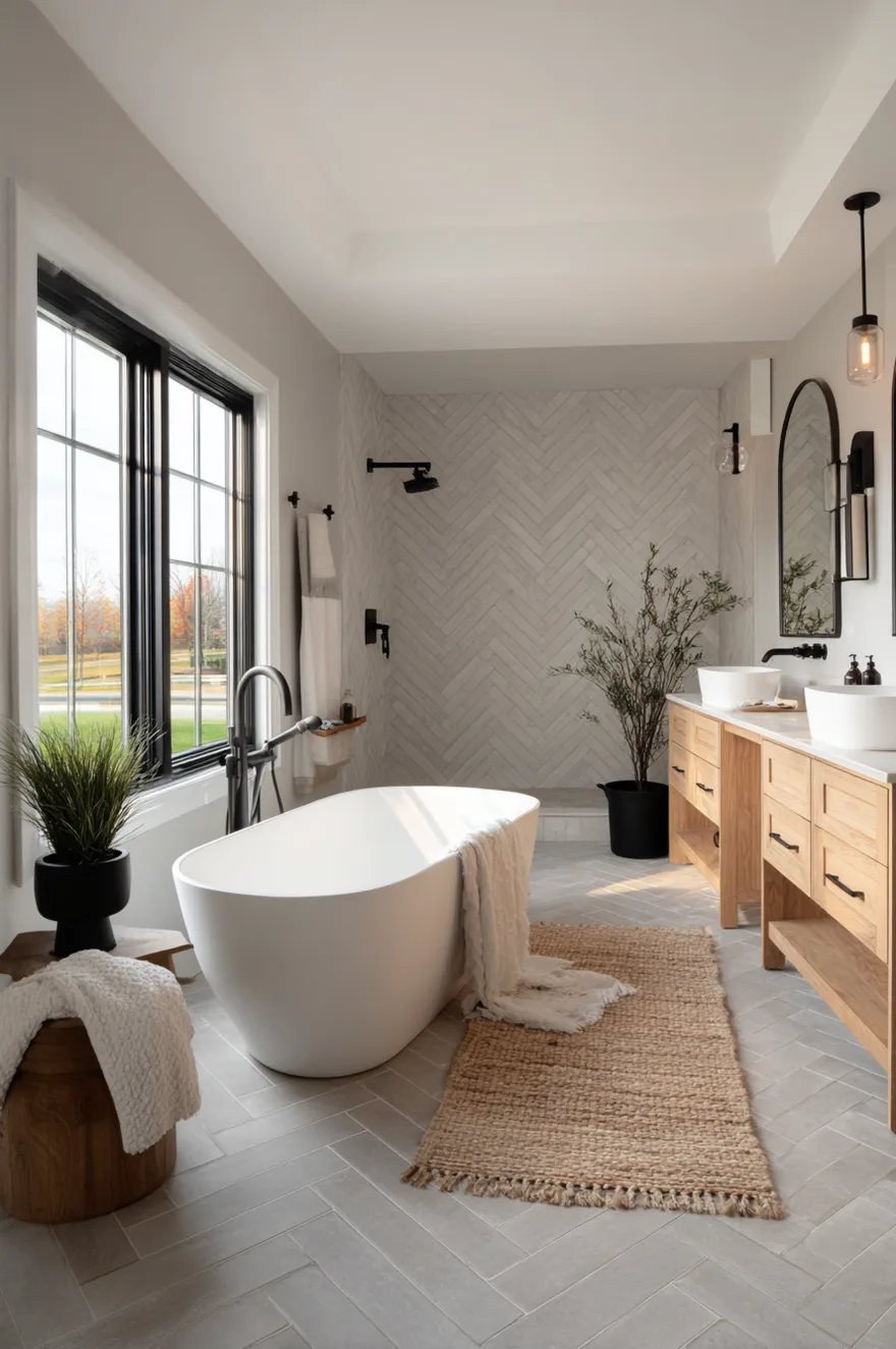 A wet room style bathroom design featuring a white freestanding tub positioned behind a clear glass panel that defines the walk in shower area set against white square wall tiles and geometric patterned floor tiles.