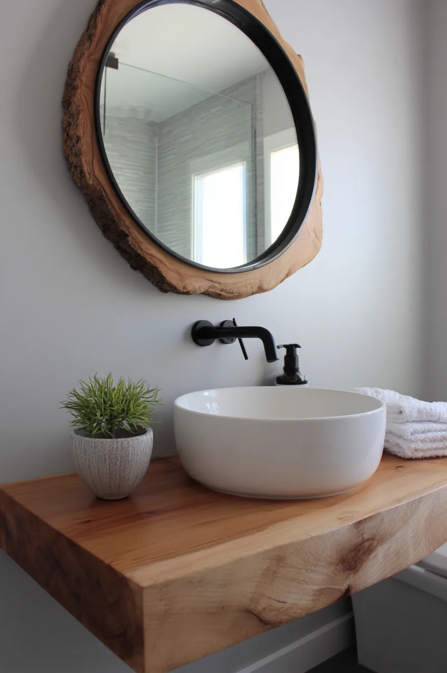 Symmetrical bathroom view featuring two oval mirrors with thick live-edge wood frames hanging above white vessel sinks on a matching live-edge wood vanity counter with brass faucets.