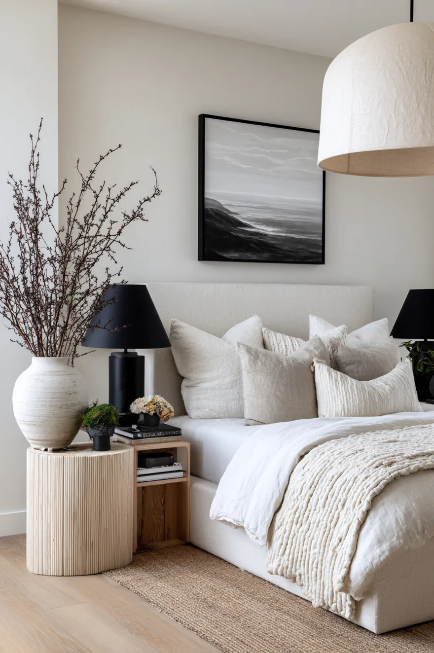 A modern neutral bedroom highlighting a fluted wood nightstand displaying a large rustic vase with branches and a black table lamp, next to a bed with white and cream linens under a black framed landscape painting.