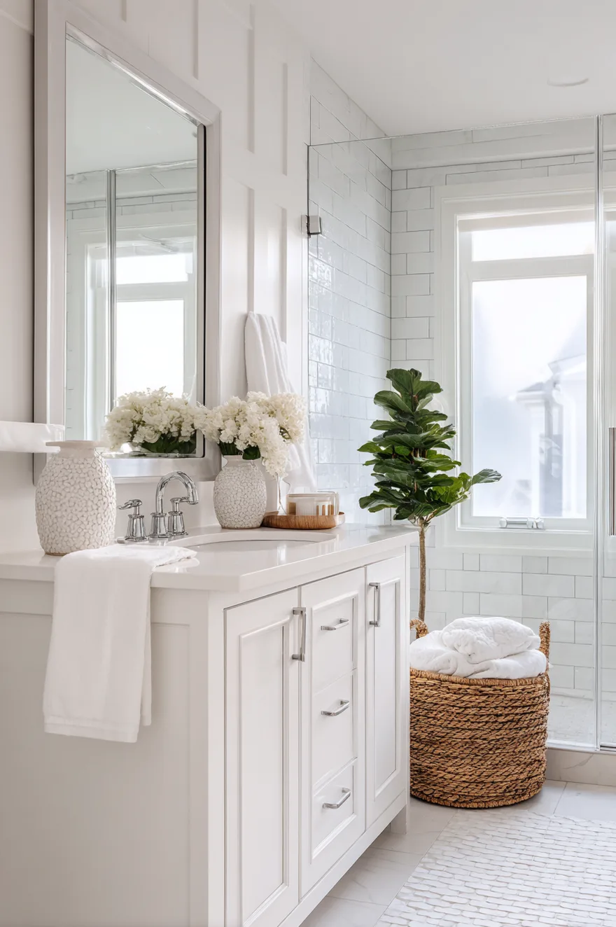 Bathroom floor with small white hexagon tiles with light grey grout, located next to a green wooden vanity, an olive plant in a terracotta pot on a rustic wood stump, and a small woven rug.