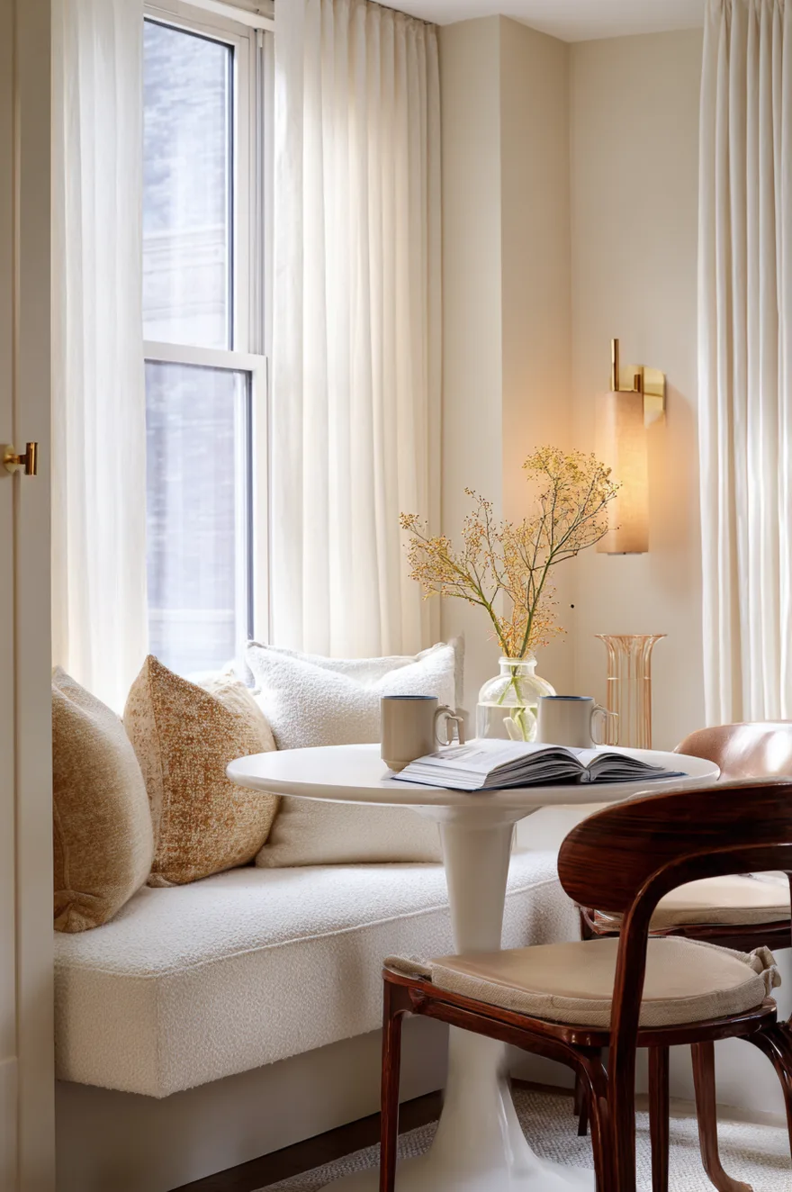 Built-in cream boucle banquette with two bentwood chairs at a small round pedestal table in a cozy breakfast nook with a glowing table lamp and sheer curtains.