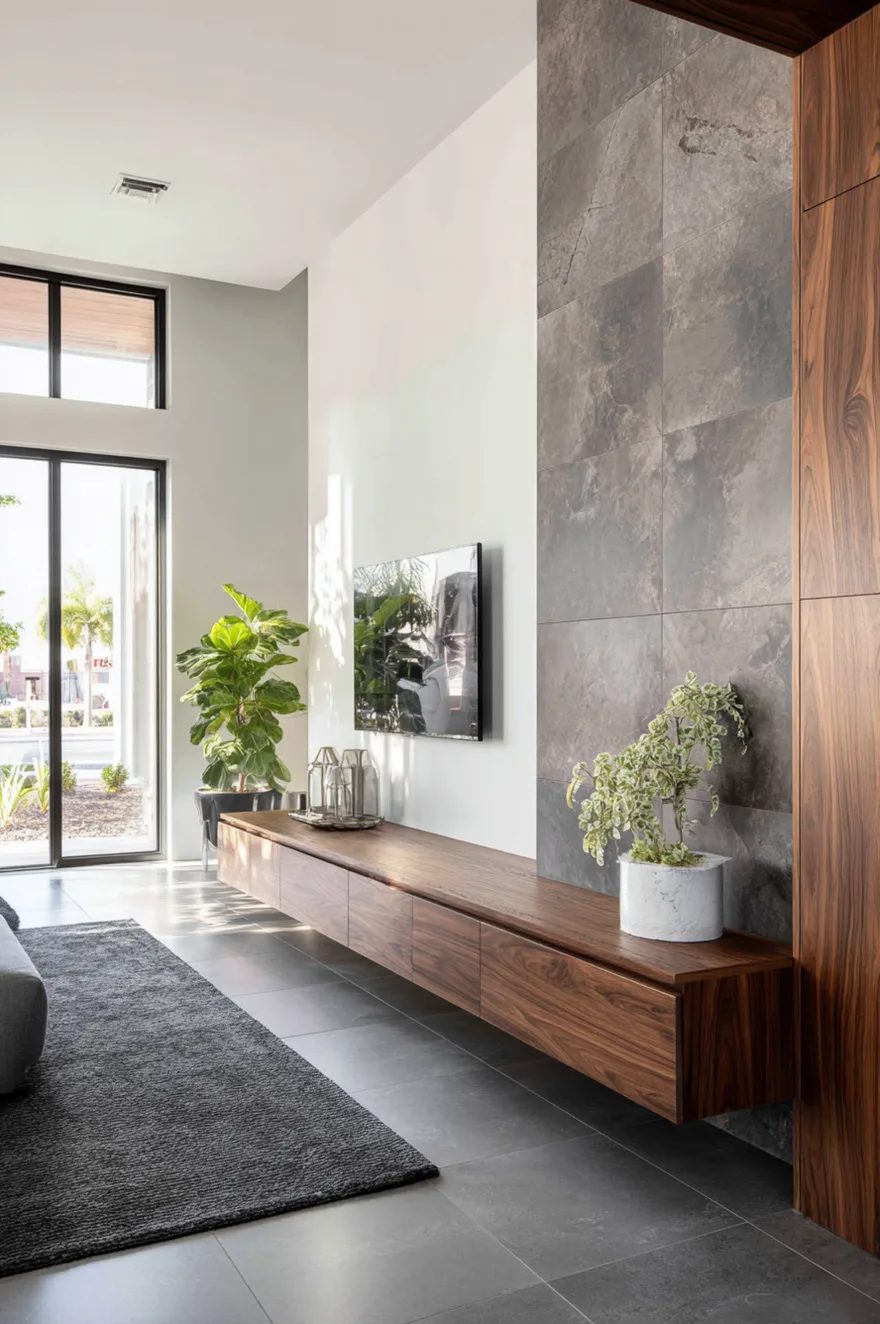 Contemporary minimalist living room viewed through an open doorway with slim stone-look porcelain tile running floor to ceiling, a floating low walnut TV console, and a graphite wool area rug.