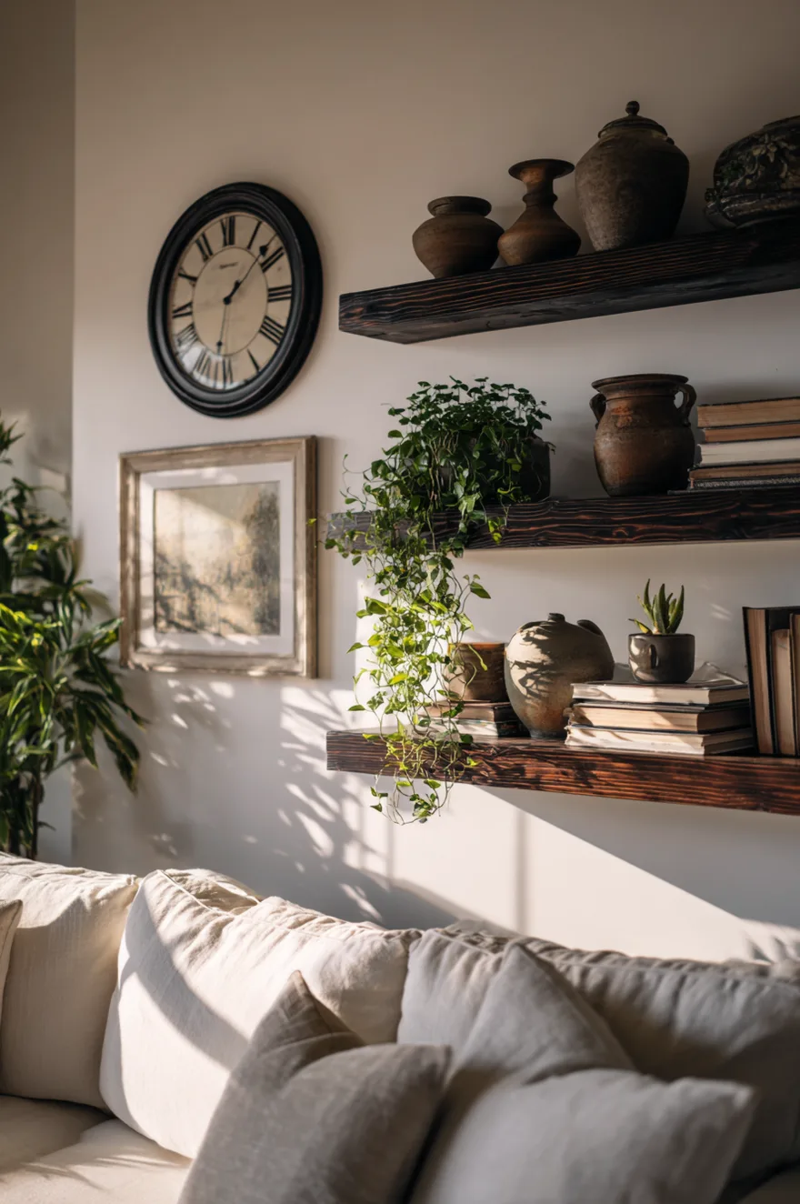DIY dark espresso stained solid pine floating shelves on a white wall with thrifted earth-tone pottery, a vintage round wall clock, a trailing green plant, and stacked neutral-spine books.