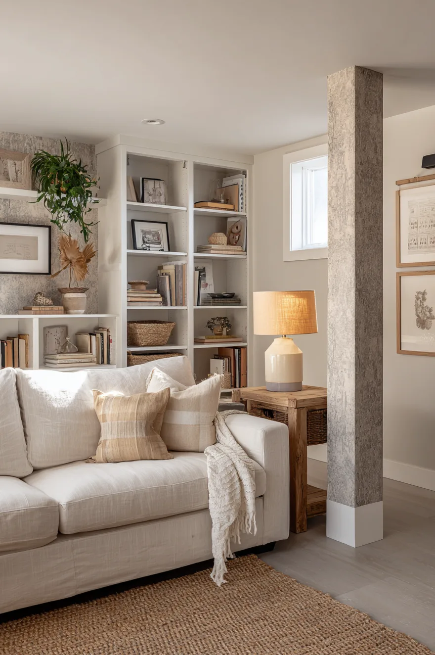 Finished basement with IKEA BILLY bookcase built-ins flanking a structural column wrapped in soapstone-look wallpaper, styled with books, plants, and framed art.