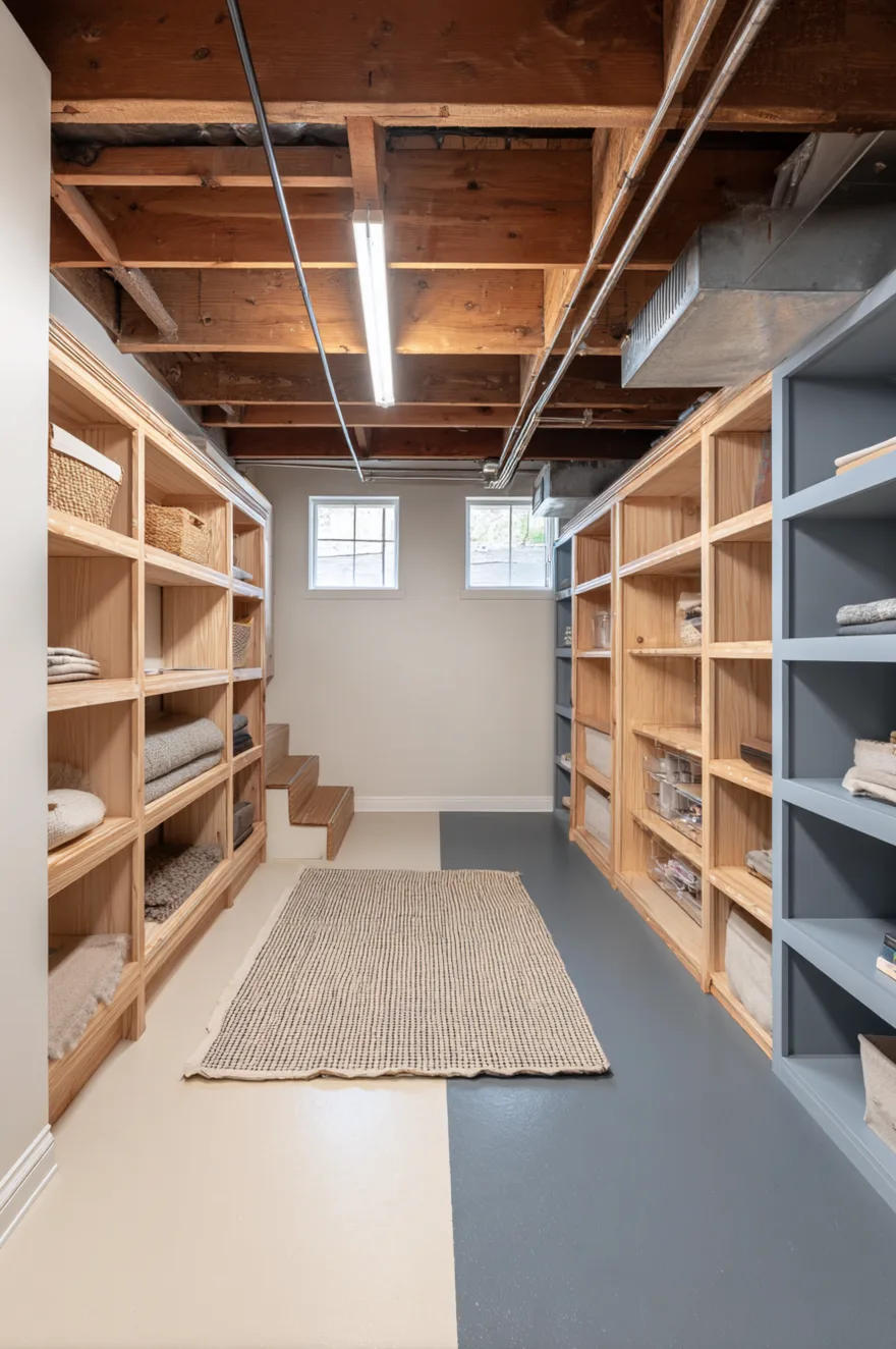 Basement storage room with a two-tone cream and slate gray painted concrete floor dividing the space into separate organized zones.