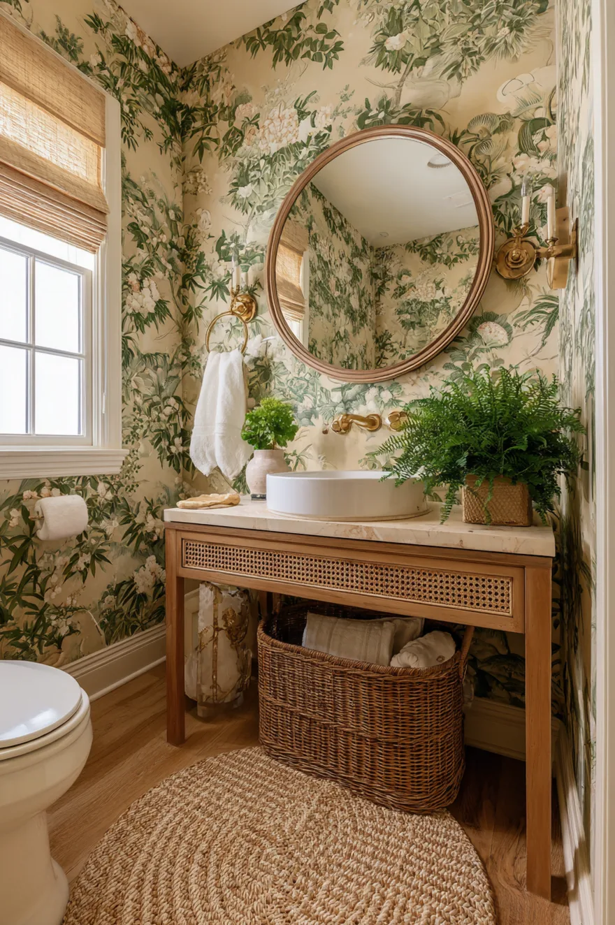 Powder room with cream chinoiserie botanical wallpaper, rattan-front vanity, round wood-framed mirror, white sink with brushed gold faucet, and woven seagrass tile floor.