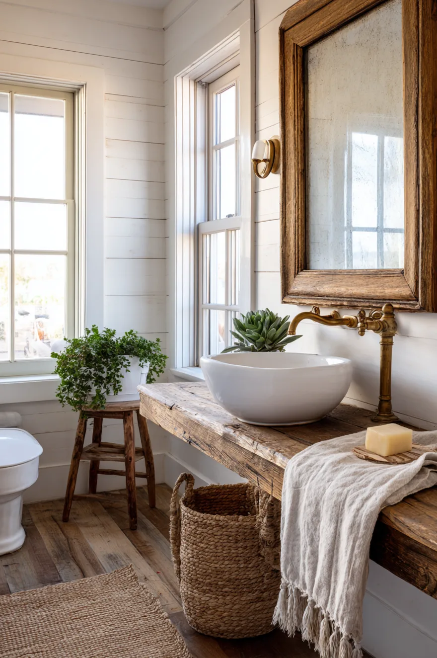 Large antique window frame with original wavy glass mounted as a mirror above a vessel sink on a wooden vanity with aged brass faucet, white shiplap walls, and a woven jute rug in a bright farmhouse bathroom.