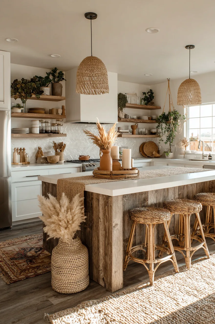 Light oak wood kitchen island countertop with a textured cream macrame runner, holding an earthy brown terracotta bowl filled with fluffy dried bunny tails, two cream pillar candles, and a small ceramic jar.