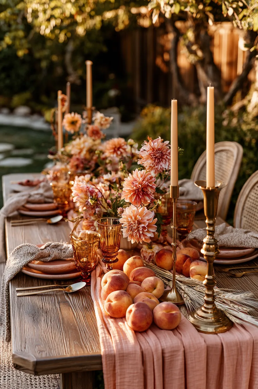 Wooden patio table set with apricot-toned linens, amber glass goblets, vintage brass candlesticks, and a centerpiece of fresh peaches and rich dahlias.