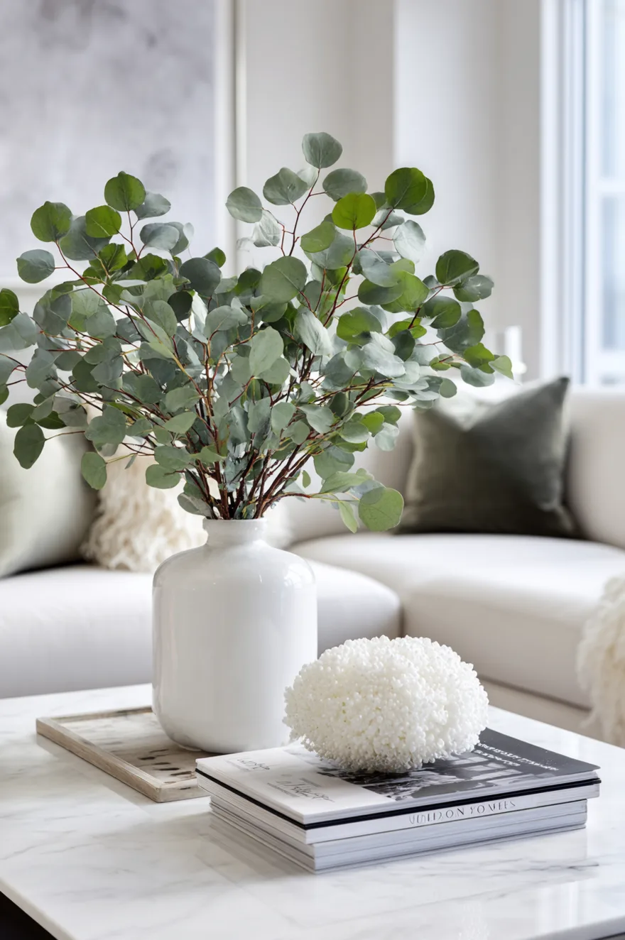 Minimalist living room featuring a marble coffee table topped with a small ceramic vase and a single white tulip.