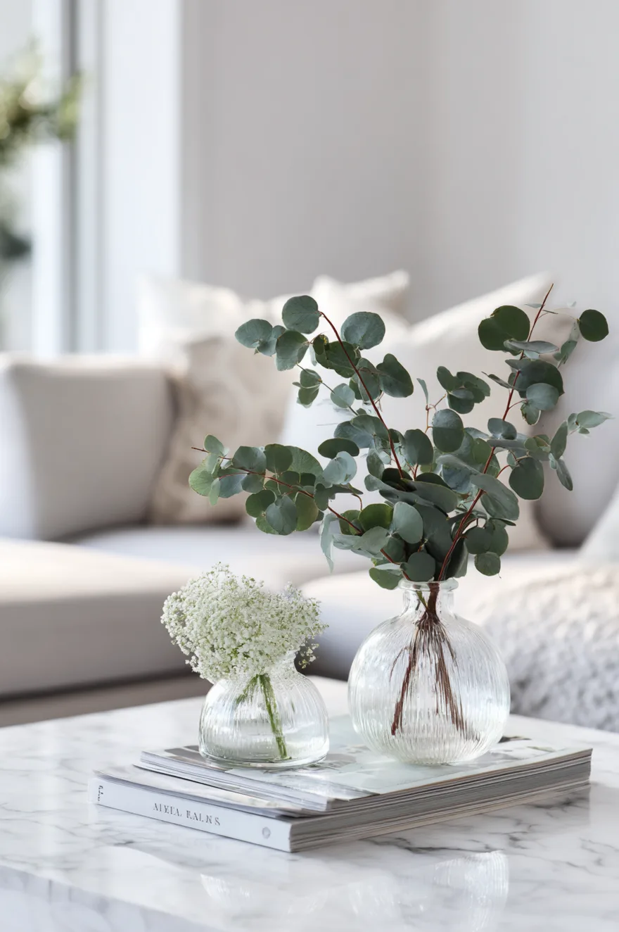 Clean white marble coffee table styled with a single clear bud vase holding a sprig of green eucalyptus.