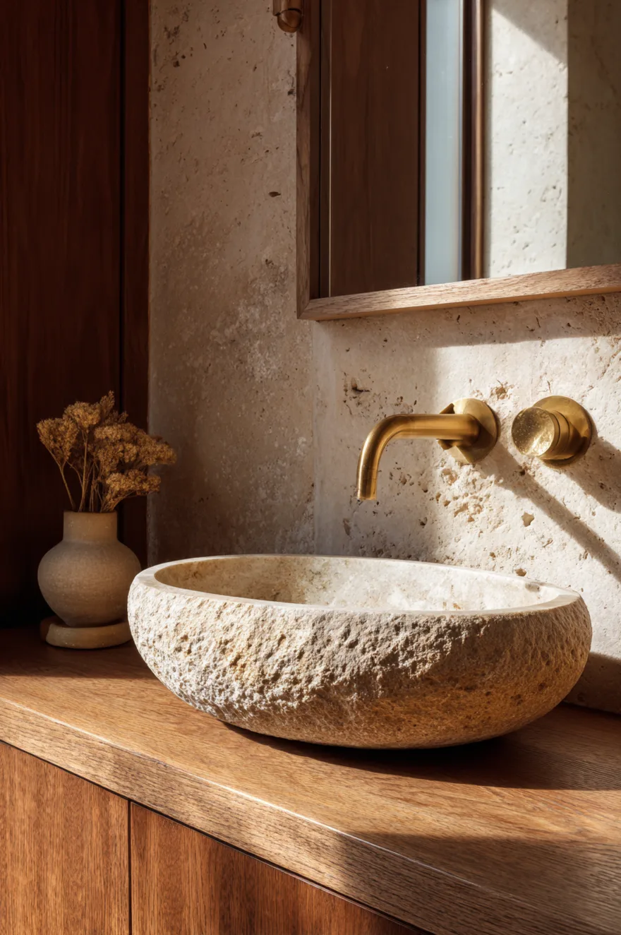 A close up of a textured natural stone vessel sink resting on a warm wood counter with a wall mounted brass faucet and a stone backsplash.