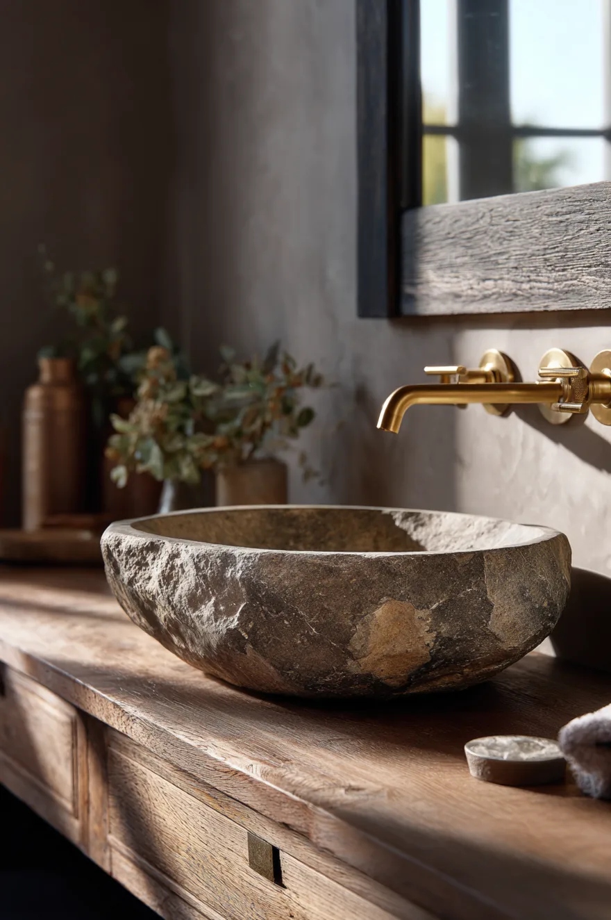 A rustic yet modern bathroom detail showing a rough carved stone vessel sink sitting on a wooden vanity with elegant wall mounted brass hardware.