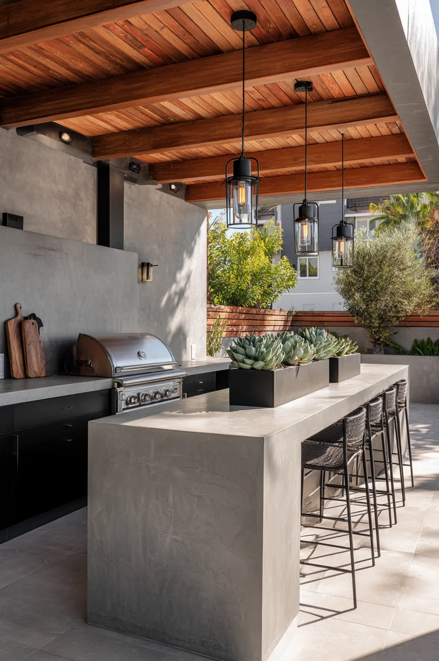 Minimalist outdoor kitchen utilizing a smooth poured grey concrete base and polished concrete countertops, featuring a stainless steel grill and black metal bar stools.