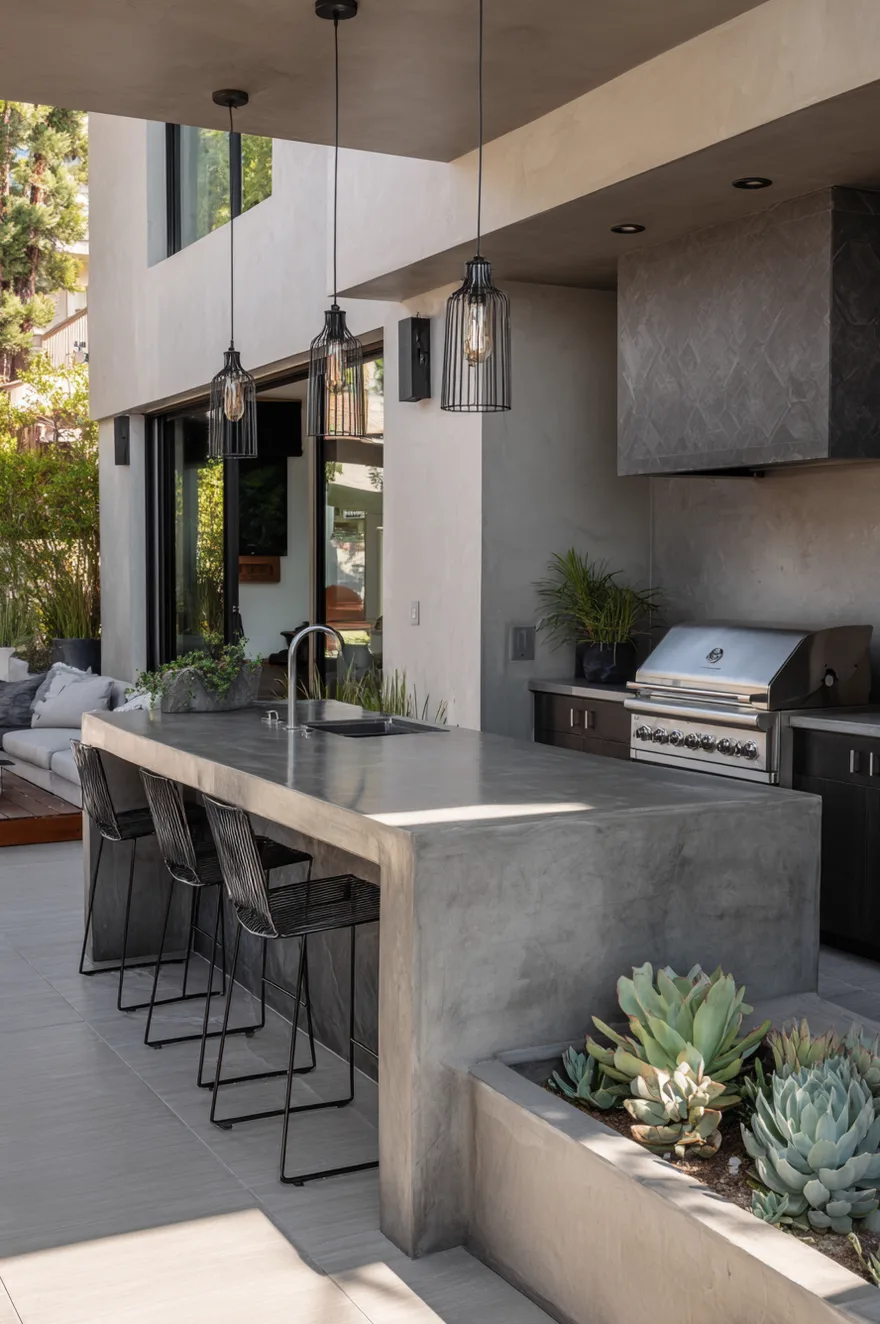 Charcoal grey microcement outdoor kitchen island with a built-in stainless grill, natural wood open shelving, and a modern concrete fire feature on a patio.