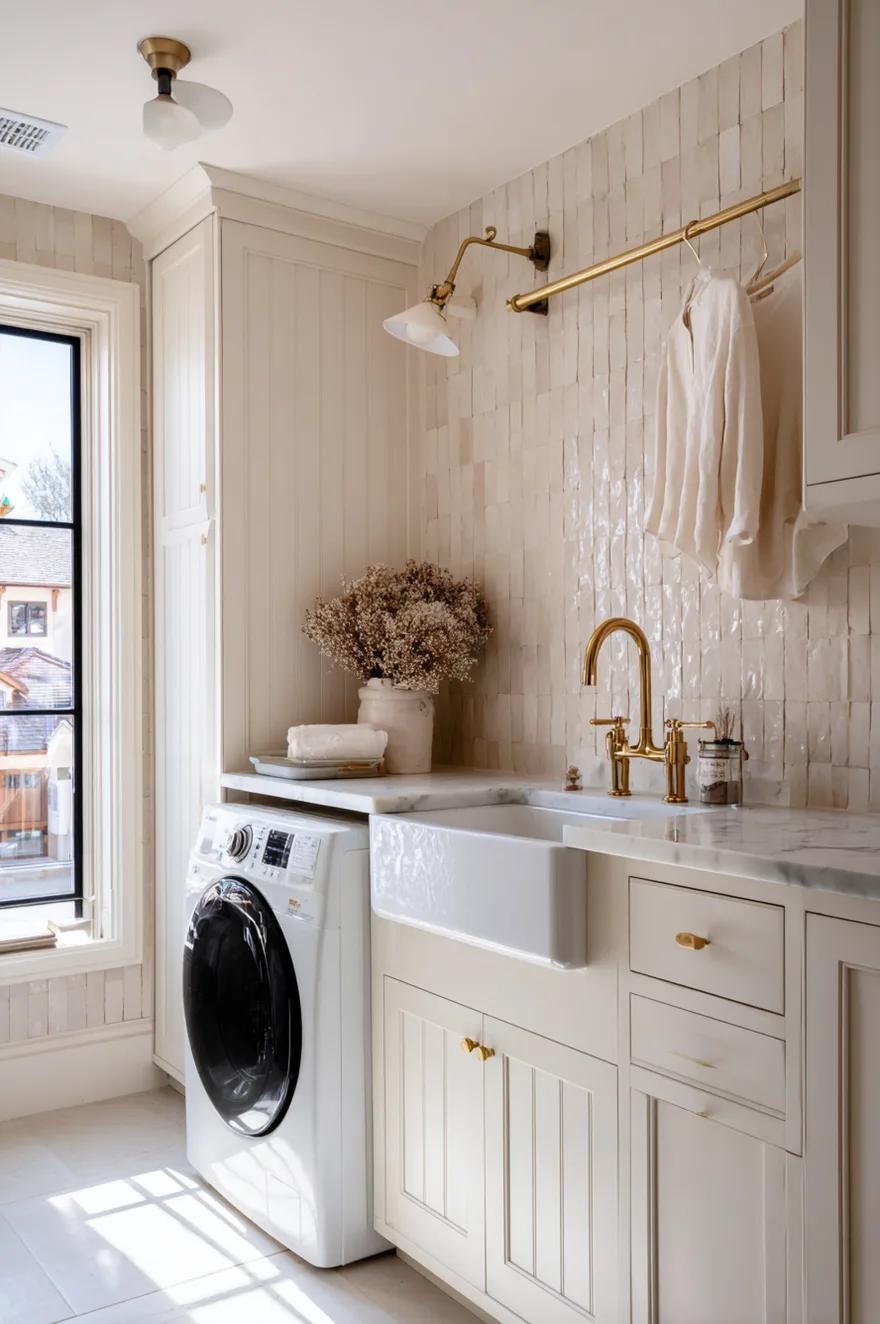 Laundry room detail showing textured zellige backsplash tiles and a large white ceramic farmhouse sink.