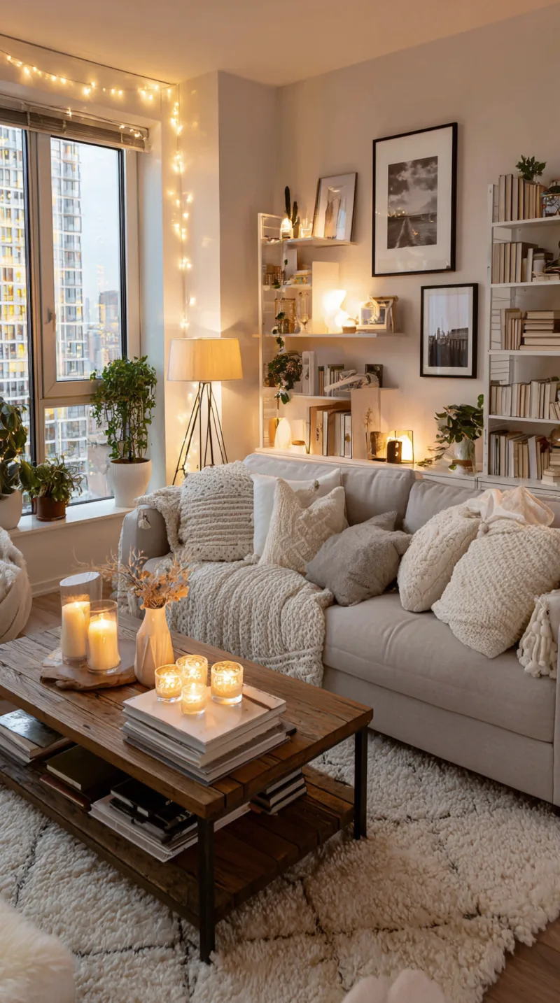 Warm Edison bulb string lights draped along a living room bookshelf and wall for a cozy evening atmosphere.