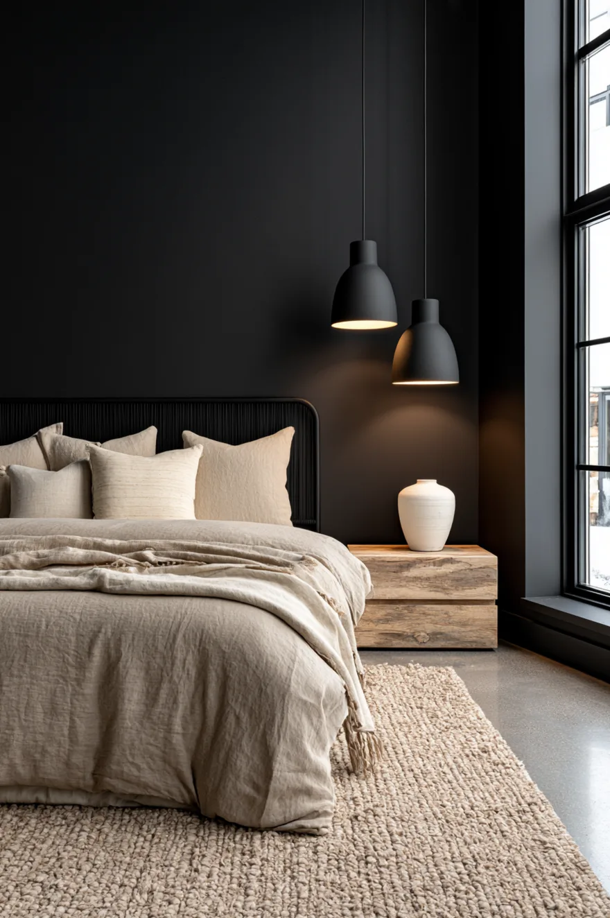Moody modern bedroom featuring a solid black accent wall, black cylinder pendant lights, a beige linen duvet with matching throw pillows, and a raw wood block nightstand holding a white ceramic vase.