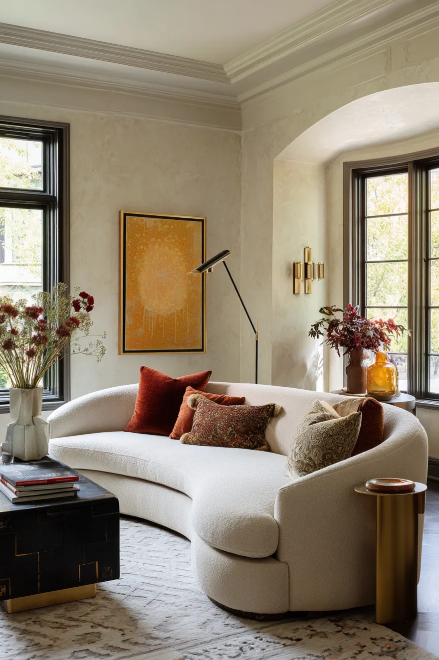 Sophisticated living room corner featuring textured Venetian plaster walls, an off-white curved sofa with rust-colored pillows, a black coffee table, and large dark-trimmed windows.
