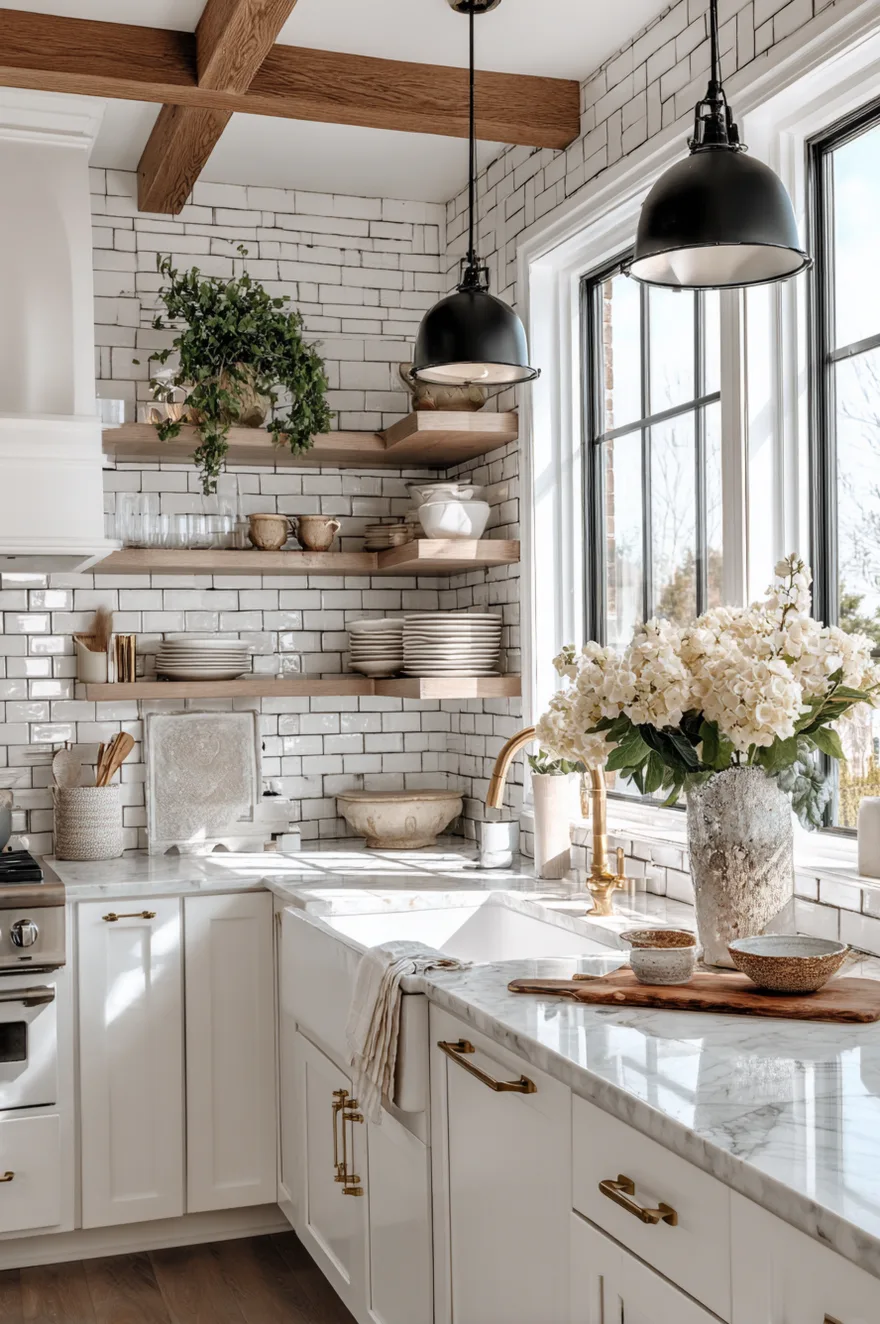 White subway tile backsplash running to the ceiling with thick L-shaped wood floating shelves, a white farmhouse sink with a brass faucet, and black dome pendant lights.