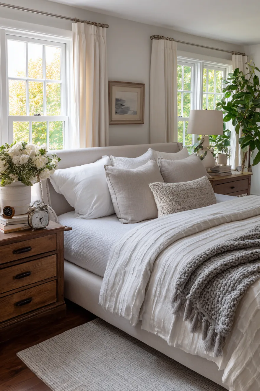 Peaceful nightstand setup with an analog alarm clock and books, illustrating a bedroom idea for couple relaxation without phones.