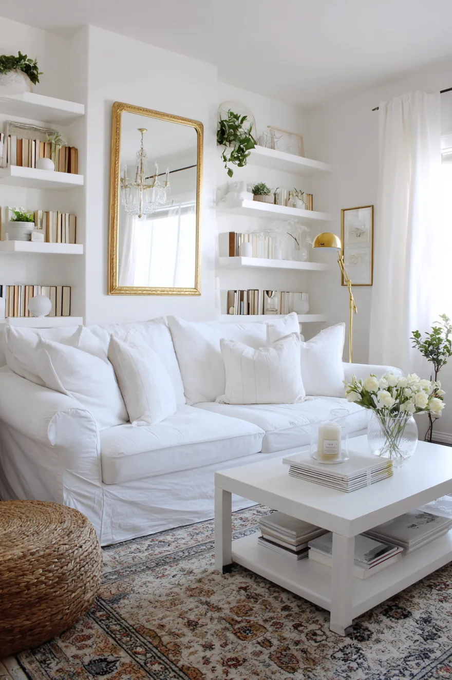 Simple living room refreshed with white slipcovers on the sofa and a fresh coat of white paint.