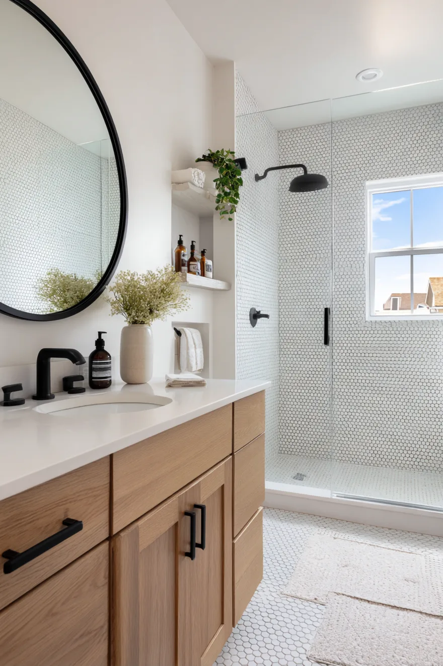 A sleek walk in shower with black hardware an exposed black shower system and walls lined with large format square gray stone look tiles next to a light wood vanity.