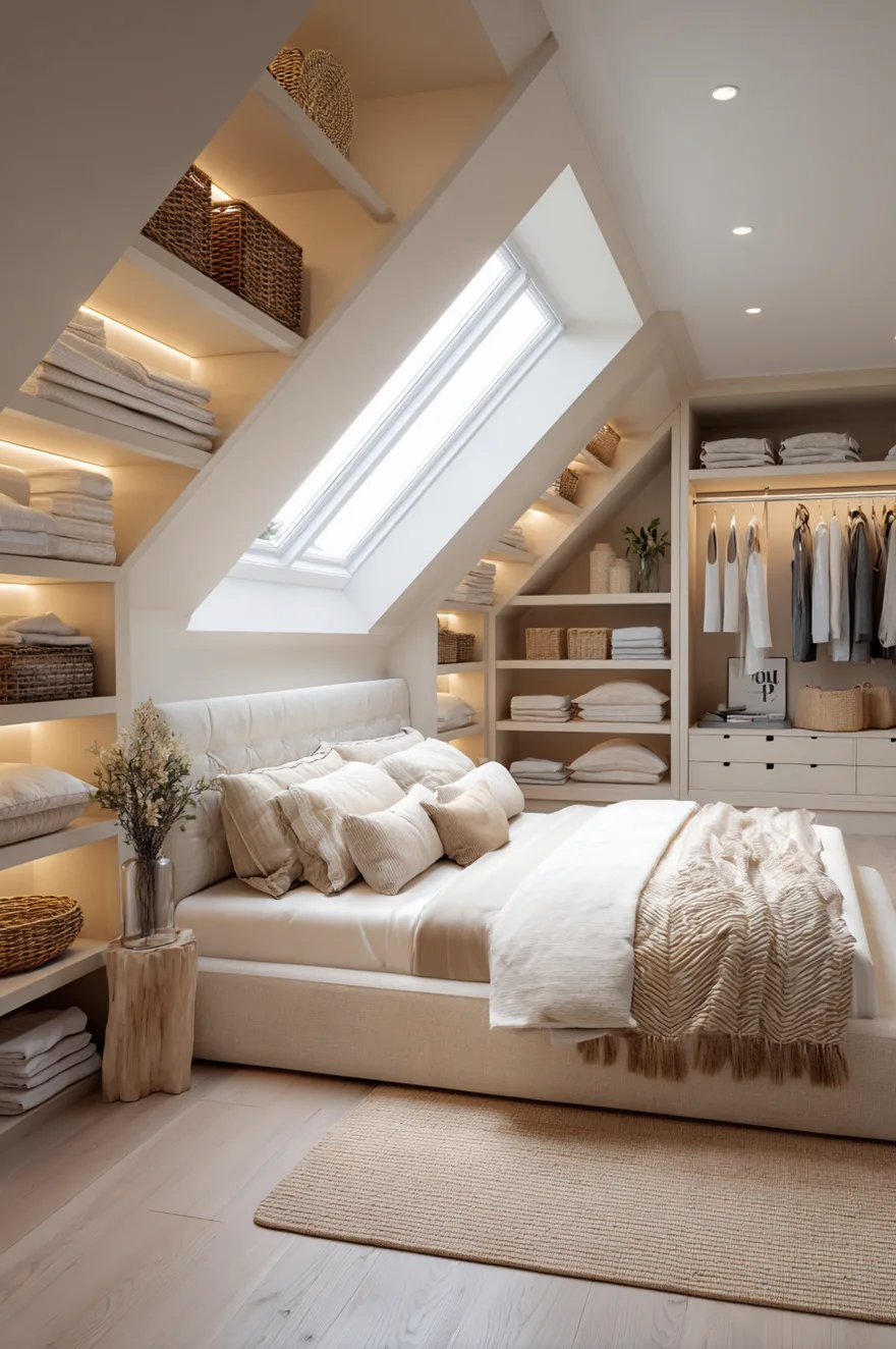 A light neutral attic bedroom with a bed positioned under a slanted skylight. The angled wall features custom built-in open shelving with warm LED backlighting, displaying folded linens and woven baskets.