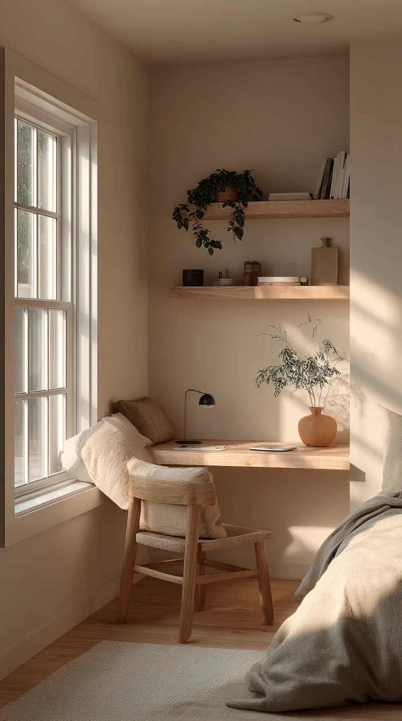 Minimalist floating wood desk built into a bedroom alcove with floating shelves above and a woven wooden chair.
