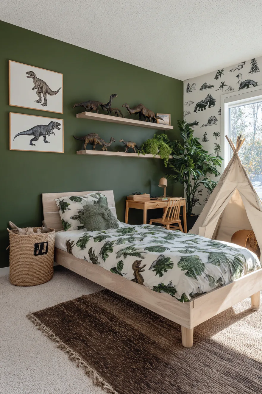 Boys bedroom with a forest green accent wall displaying realistic dinosaur figures on floating wood shelves, a light wood bed with dinosaur print bedding, and a canvas teepee tent in the corner.