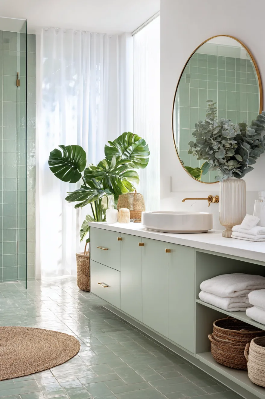 Wet room bathroom area featuring continuous small square glossy green zellige tiles on the floor and wall, a black rain showerhead, a wooden stool, and a large potted green plant nearby.