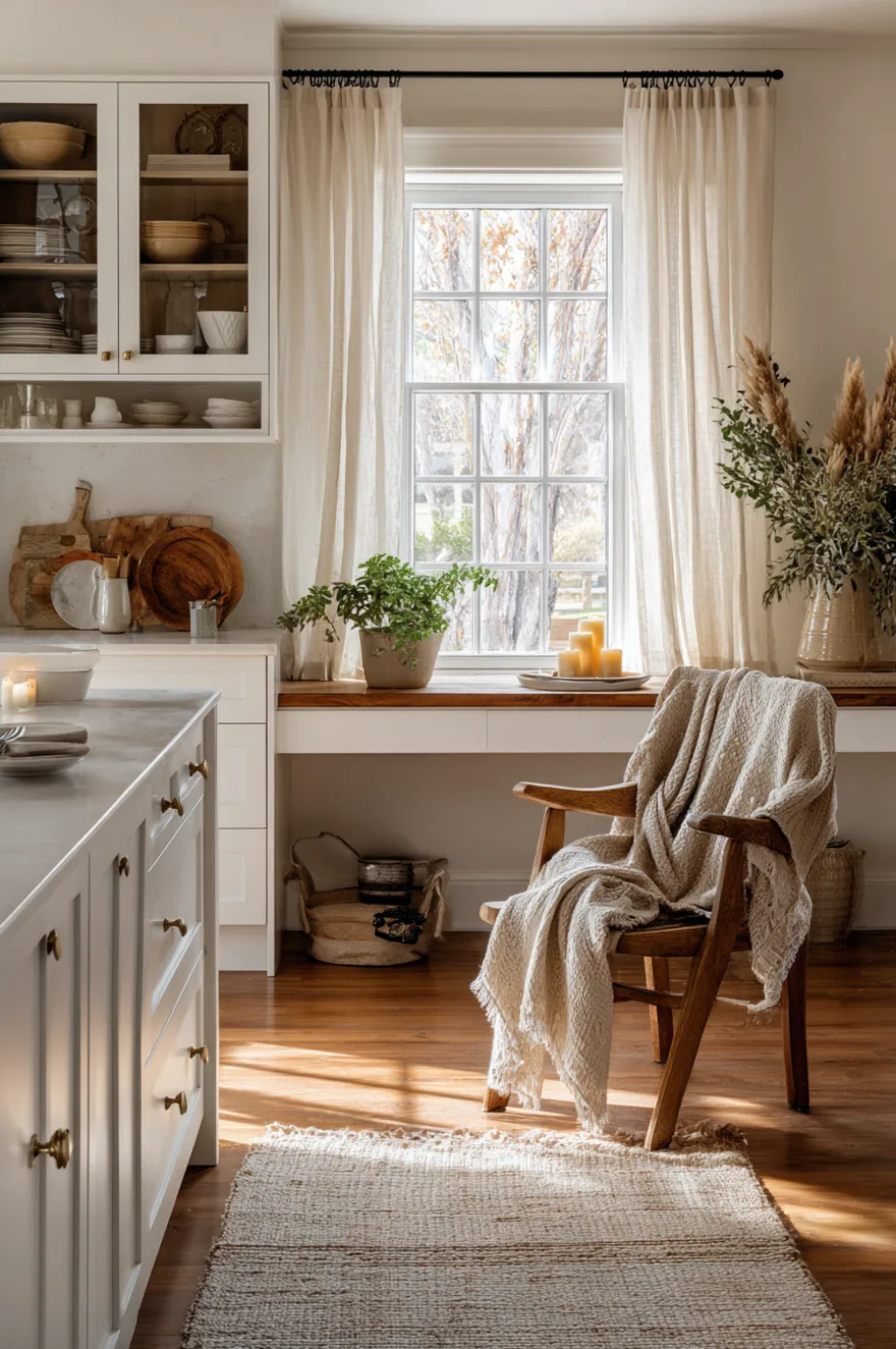 Cozy kitchen corner with a wooden chair draped in a blanket, candles on the counter, and soft lighting.