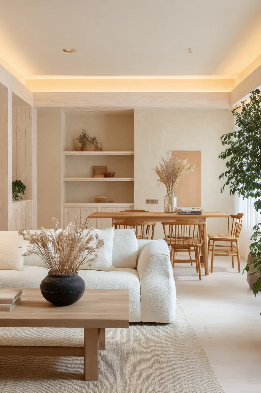 A serene Japandi style open room with warm beige walls, featuring a white textured sofa, a light wood coffee table, and a matching light wood dining table with wooden chairs.