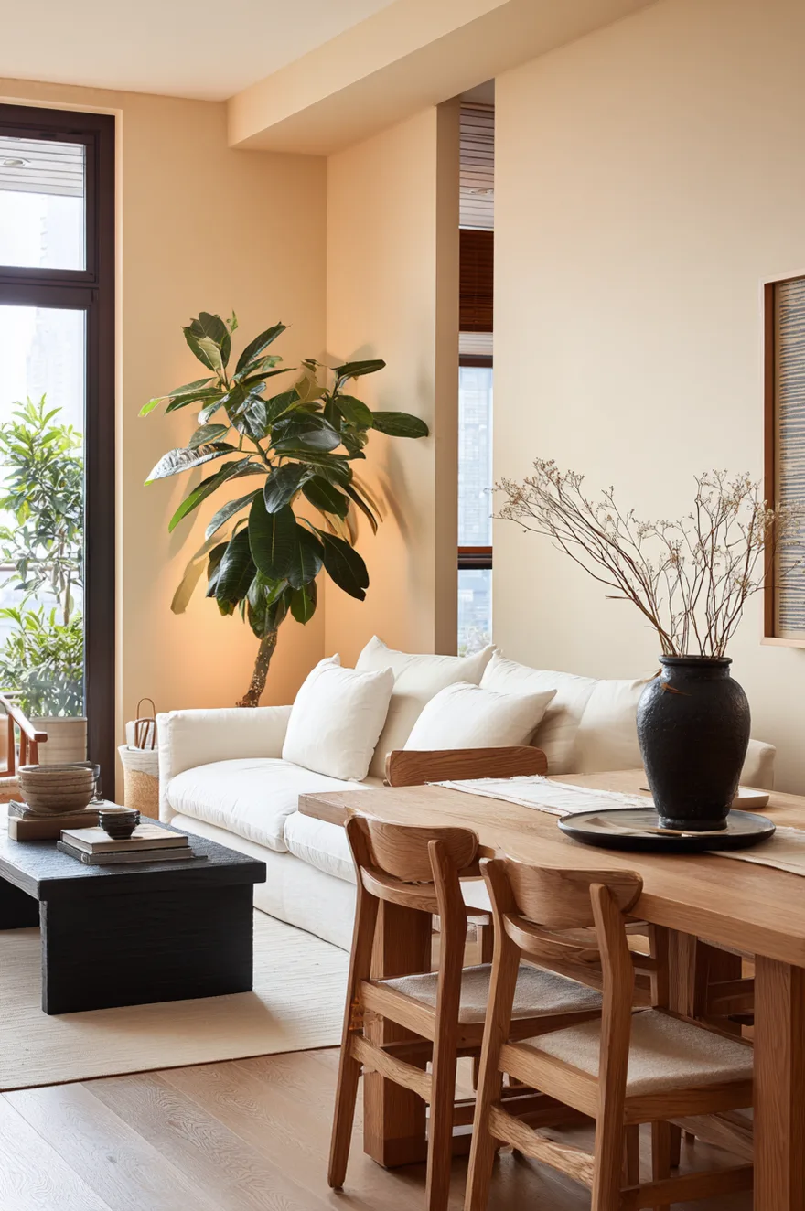 A minimalist living and dining space showing a solid wood dining table and chairs in the foreground, with a white sofa, black coffee table, and a large green plant in the corner.