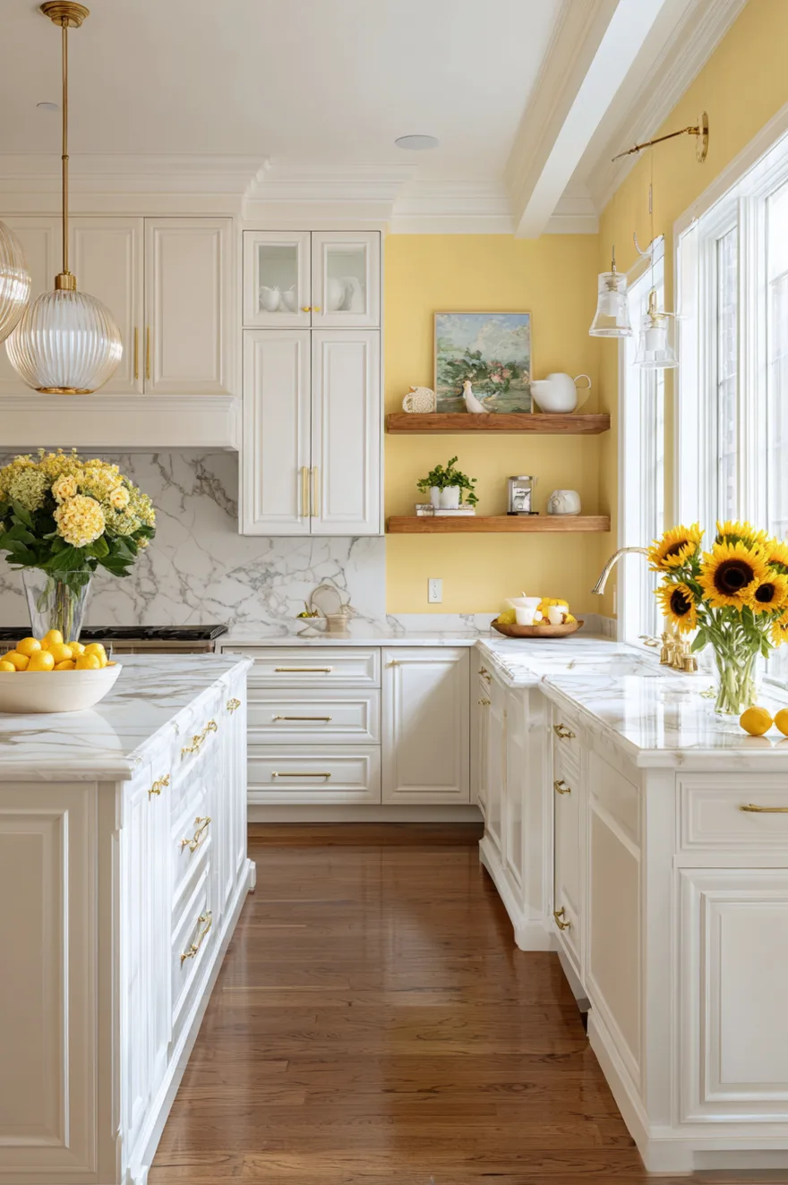 Cheerful kitchen with buttery yellow lower cabinets and white upper shelving filled with plants.