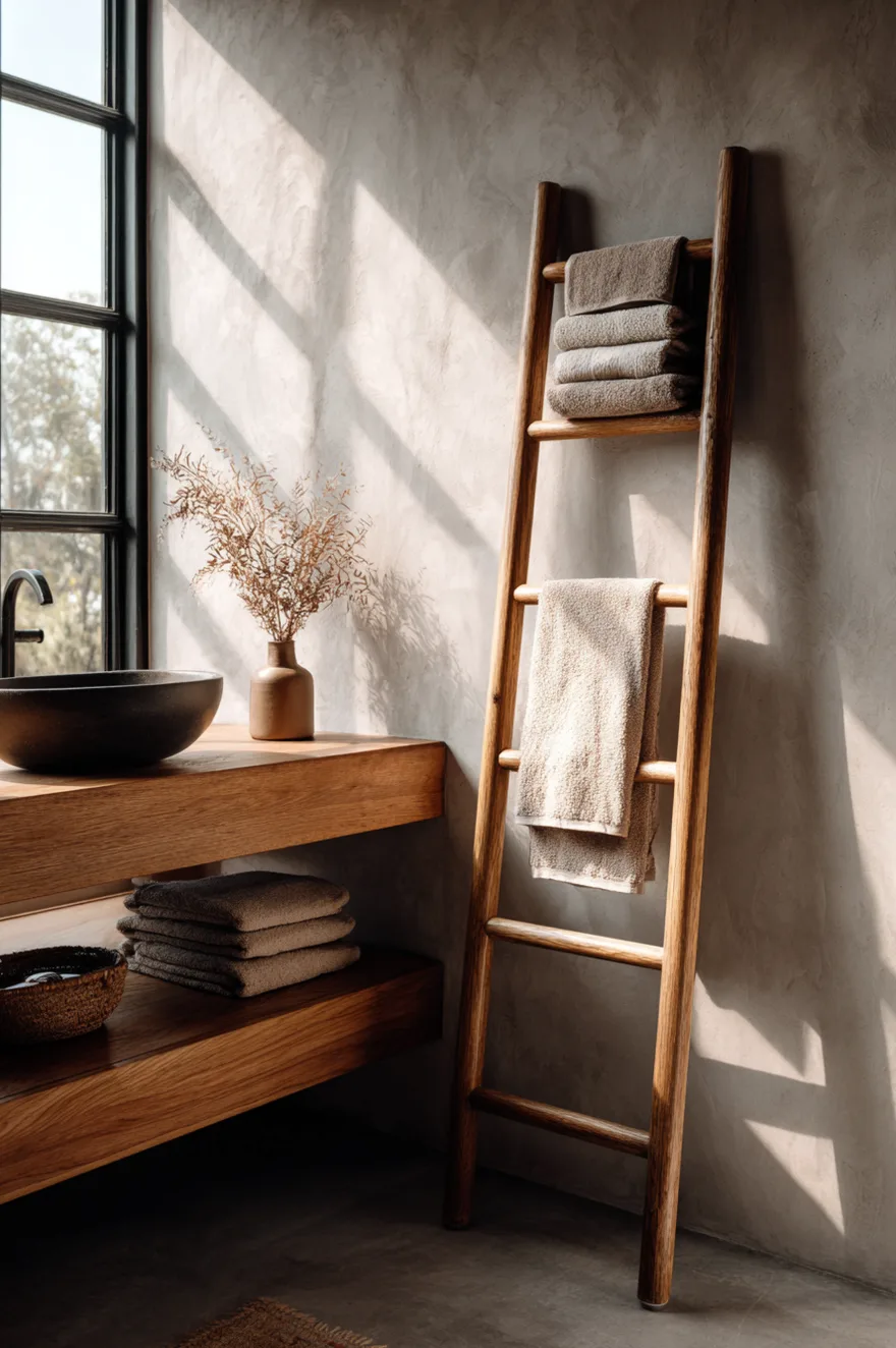 A leaning wooden ladder shelf in a bathroom corner holds stacked towels and plants next to a walk-in shower with vertical sage green tiles and a gold round mirror.