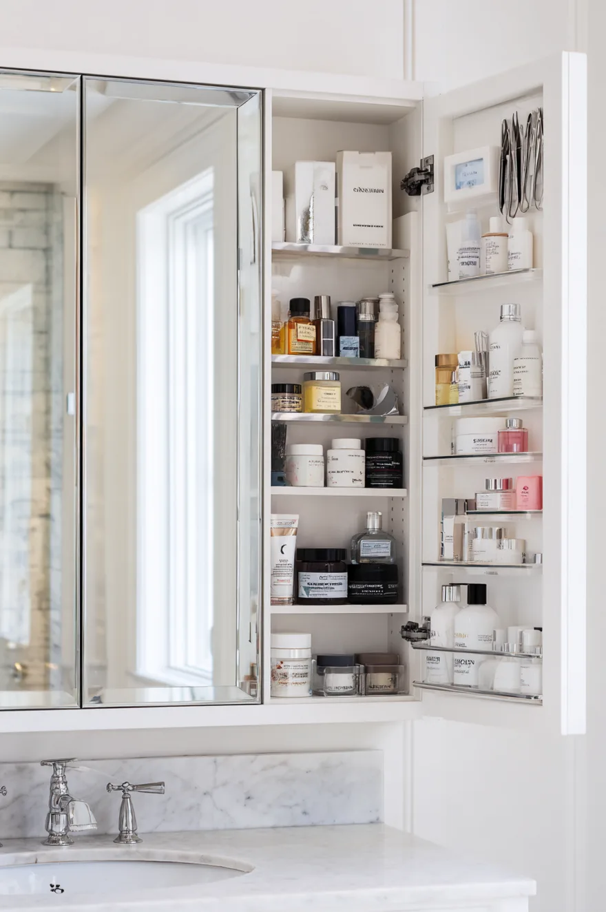 Open medicine cabinet door featuring magnetic strips attached to the inside panel, securely holding small metal tools like tweezers and nail clippers, with organized bottles on the shelves behind it.