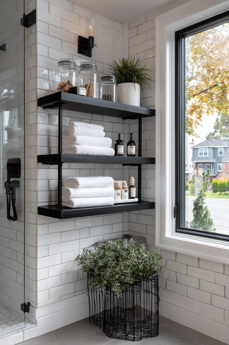 Black metal industrial shelving unit mounted on a white subway tile wall holding neatly stacked white towels.