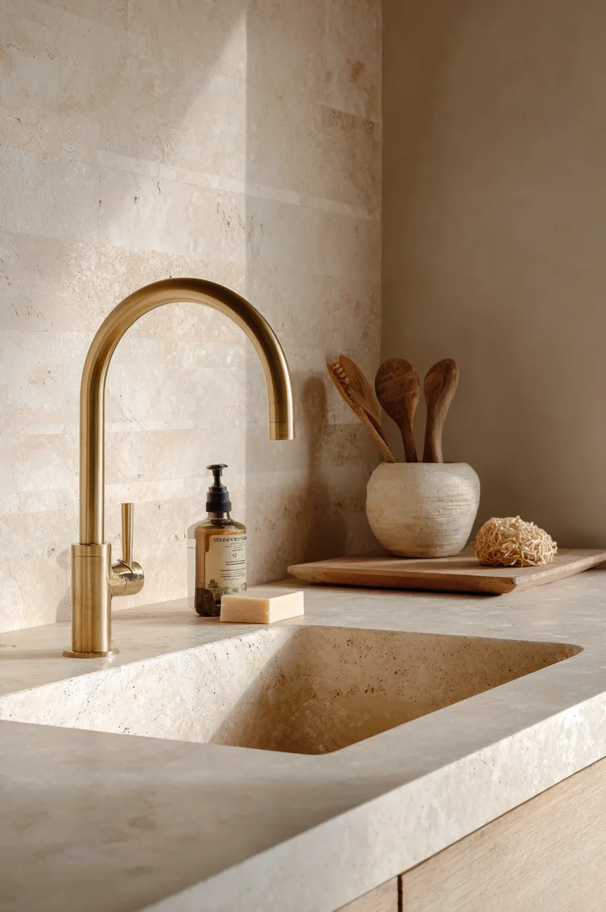 Integrated beige stone sink set seamlessly into matching beige stone countertops with a minimal brass single-lever faucet, accompanied by wooden utensils in a textured white pot.