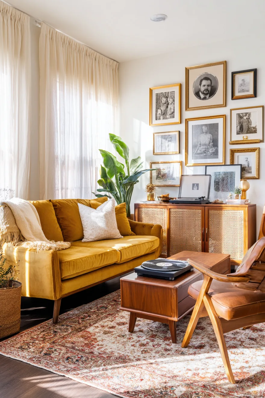 A gallery wall cluster featuring framed geometric art prints mixed with two vintage black-and-white candid portrait photos in black frames.