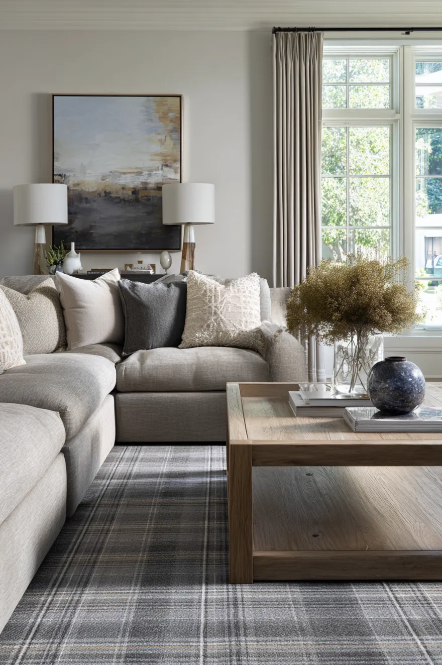A cozy living room corner featuring a soft grey sectional sofa and a light wood coffee table ancho