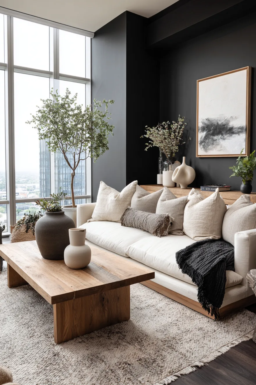 A living room featuring a dark charcoal grey accent wall behind a light grey sofa styled with cream and black pillows, contrasting with light wood flooring and a coffee table.
