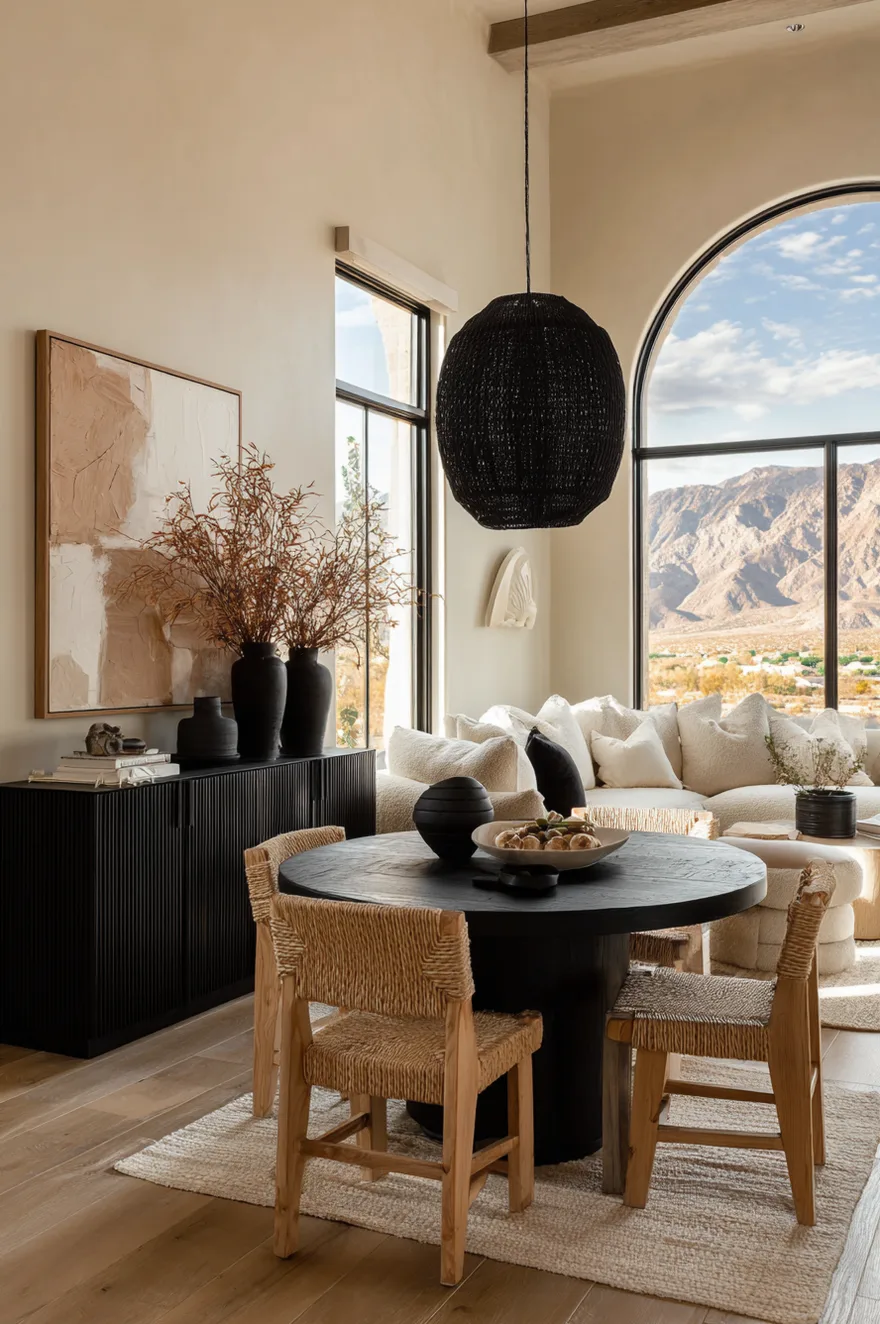 A round natural light wood dining table surrounded by black modern chairs in an open concept living space with a beige sofa and black accents visible in the background.