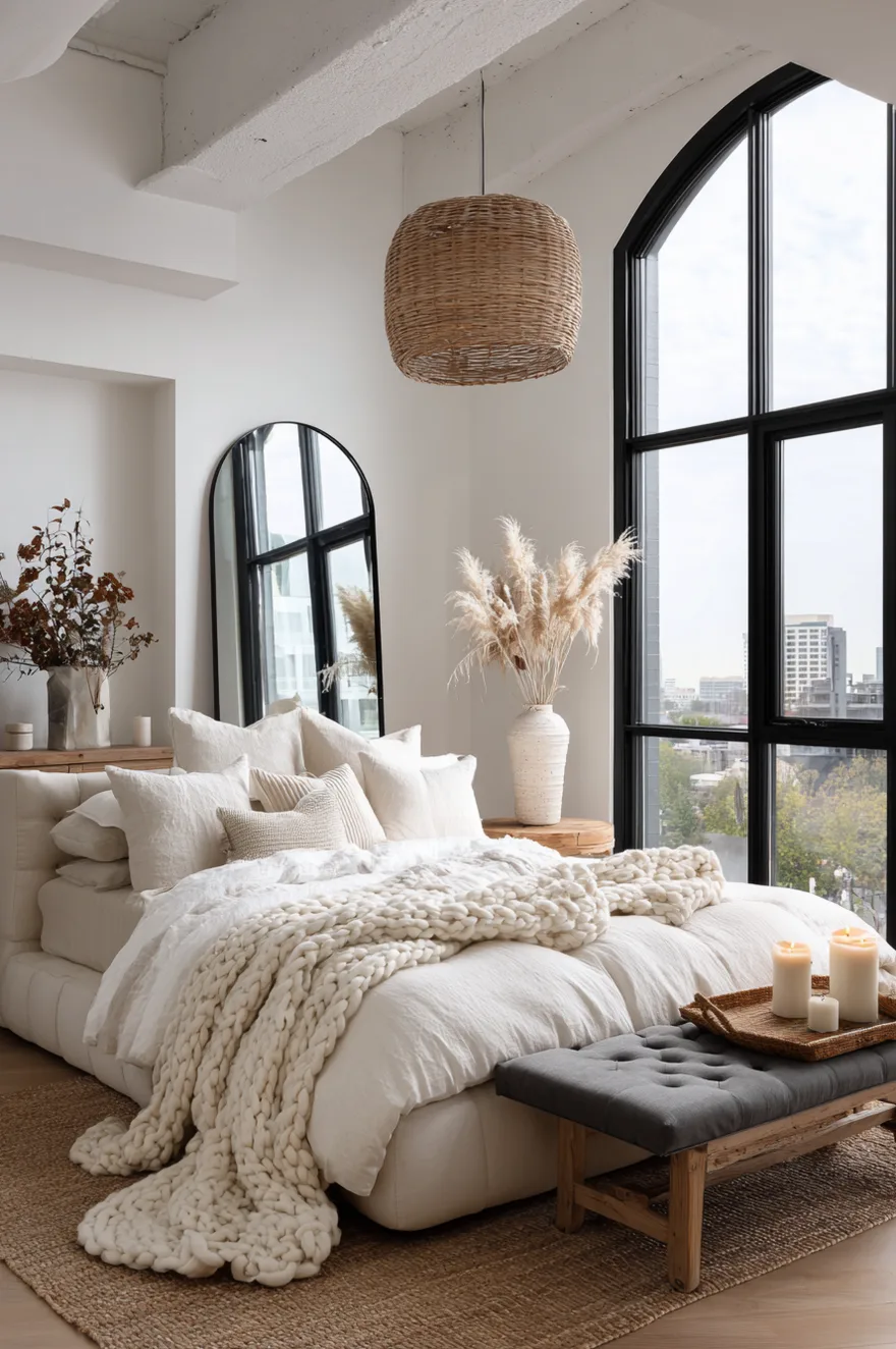A bright bedroom with high ceilings, featuring a large black arched window, a leaning black arched mirror, a plush white bed with a heavy knit blanket, and a woven pendant light.