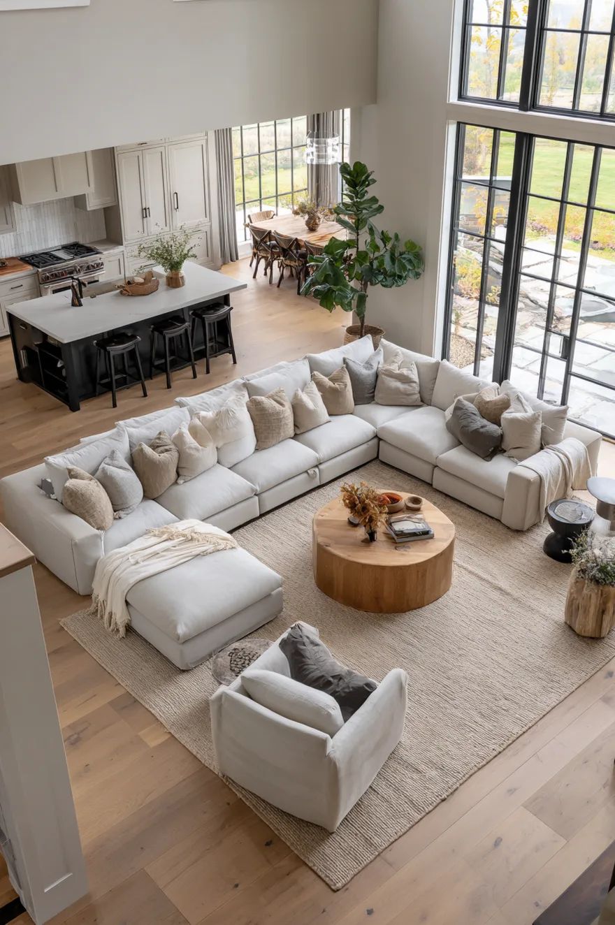 Large U-shaped white sectional sofa filled with neutral pillows arranged on a large textured rug around a solid round wood coffee table in an expansive open plan living room with black framed windows.