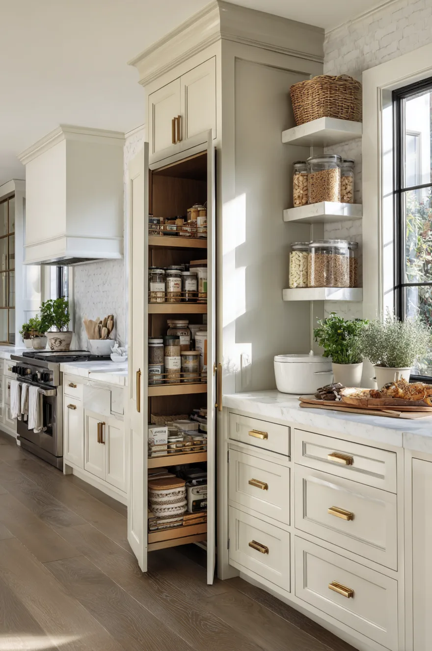 A tall light greige pantry cabinet opened to reveal organized wooden pull-out drawers filled with pantry staples, situated next to matching lower cabinets, a white marble countertop, and floating shelves near a window.