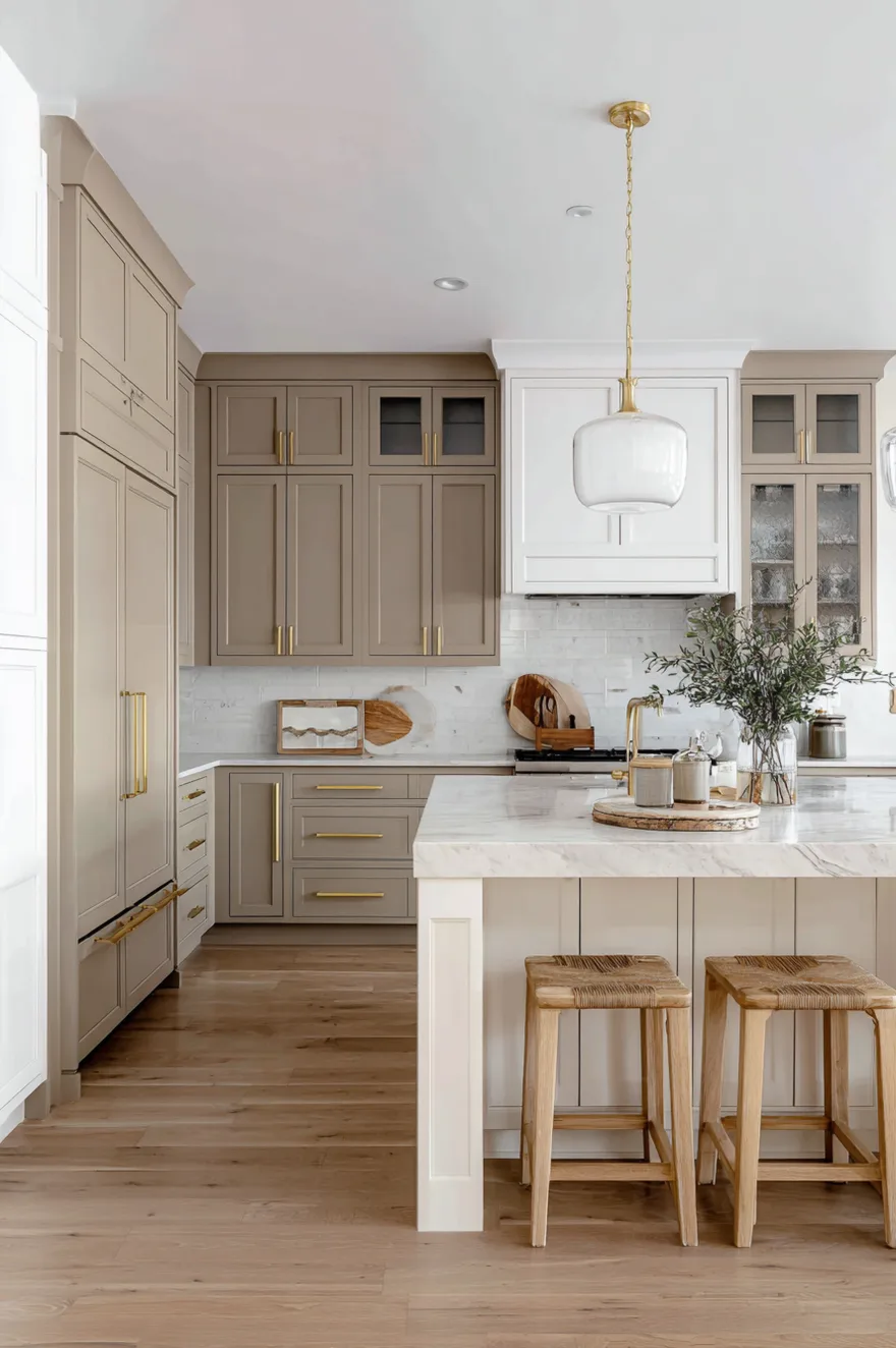 Two-tone kitchen design featuring light taupe upper cabinets clean white lower cabinets white quartz countertops and a white subway tile backsplash with brass hardware.