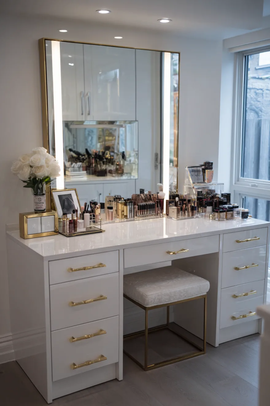 High-gloss white makeup vanity with gold drawer pulls, a square white upholstered stool with a gold metal frame, and a massive rectangular mirror with integrated vertical lighting, displaying acrylic organizers filled with cosmetics.