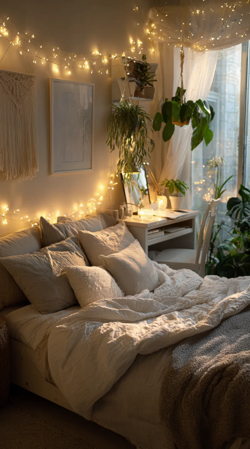 Warm string lights draped above a teen bed, creating a soft and relaxing glow in the evening.