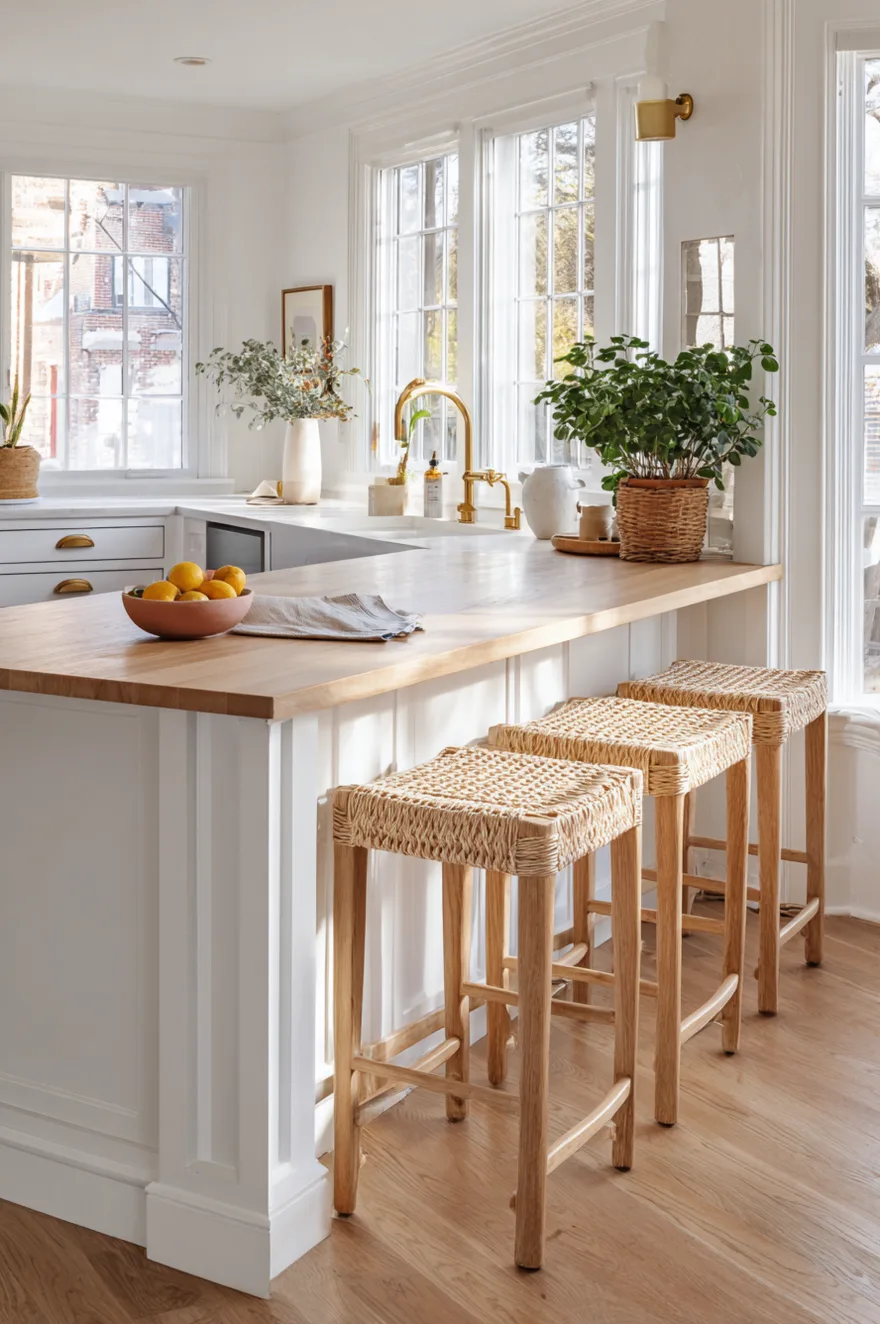Wooden counter stools with cane webbing seat inserts painted in terracotta chalk paint at a white oak kitchen island with brass fixtures and a potted herb on the windowsill.